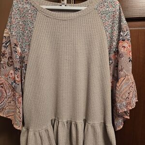 Umgee Gray and Multicolor Patchwork Blouse
